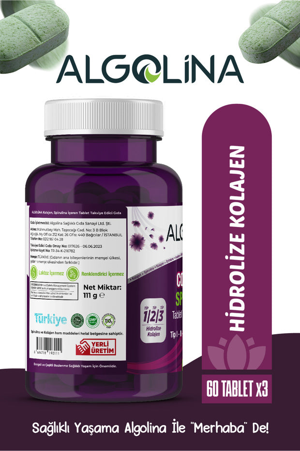 Kollagen + Spirulina Tabletter - Type I, II, III - 60 Tabletter x 3 Pakke