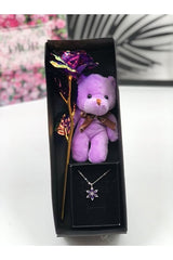 Romantic Purple Rose, Teddy Bear & Lotus Necklace Gift Set