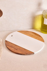 Round Acacia Wood & White Marble Design Cutting Board - 30 cm