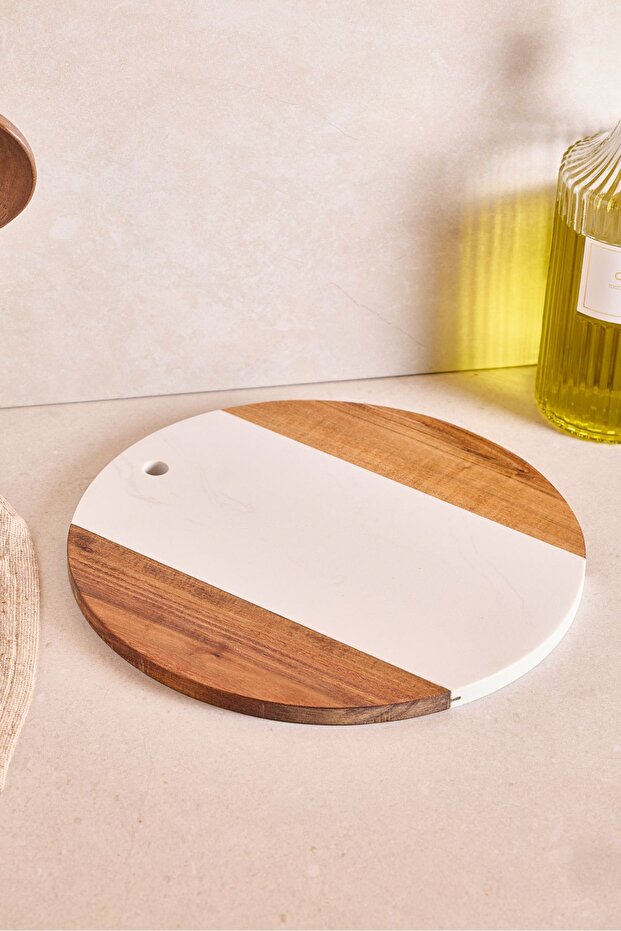 Round Acacia Wood & White Marble Design Cutting Board - 30 cm