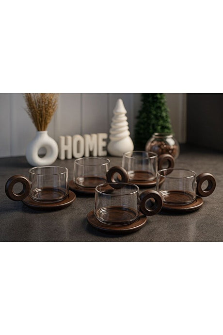 Set di Tazze da Tè e Caffè in Vetro Borosilicato Premium Morponi con Manico in Acacia e Piattino - Set di 6