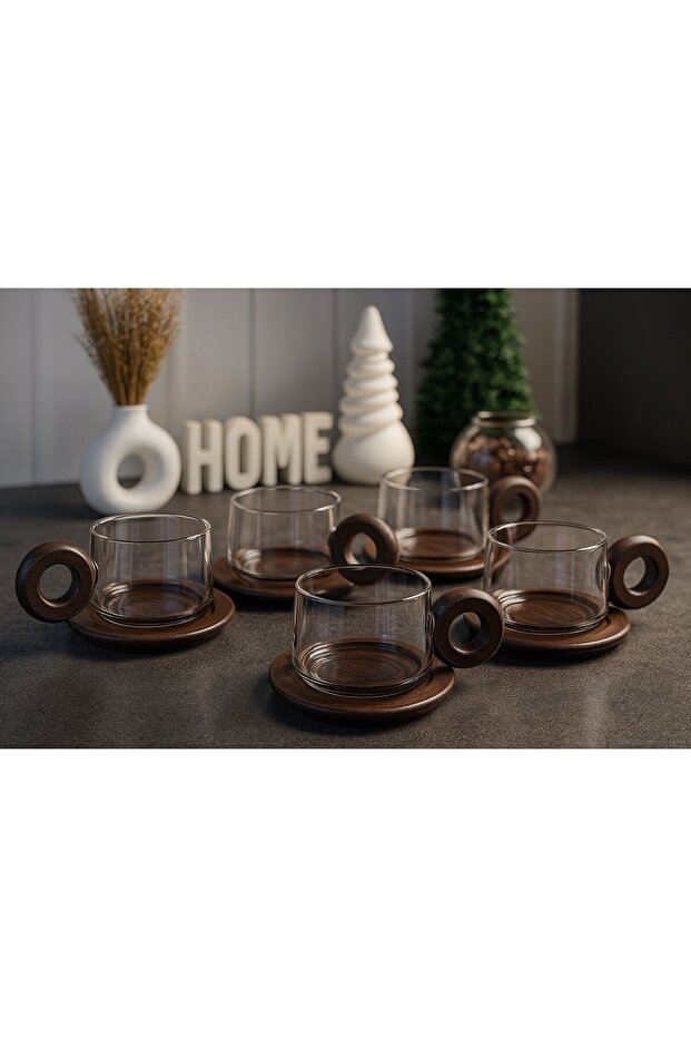 Morponi Premium Borosilikatglas Tee- und Kaffeetassen-Set mit Akaziengriff und Unterteller - Set von 6
