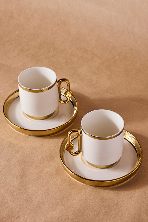 Cihangir Gold Porcelain Coffee Cup Set - Elegant 2 Person Design