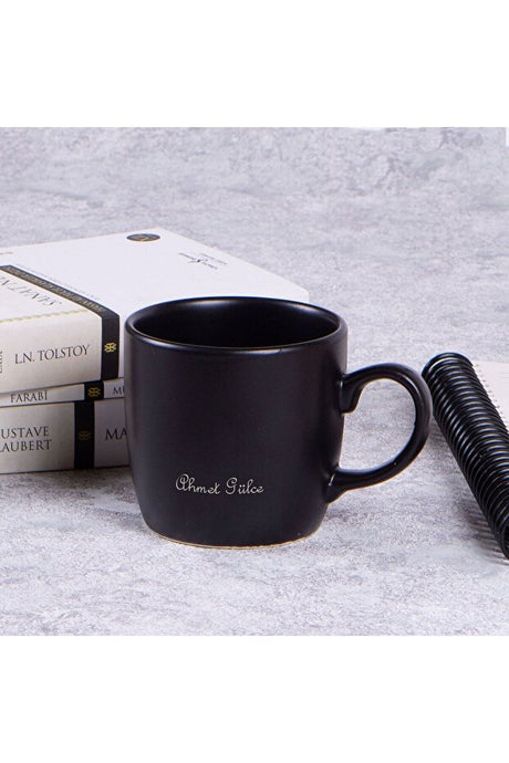 Personalized Black Ceramic Mug with Wooden Coaster