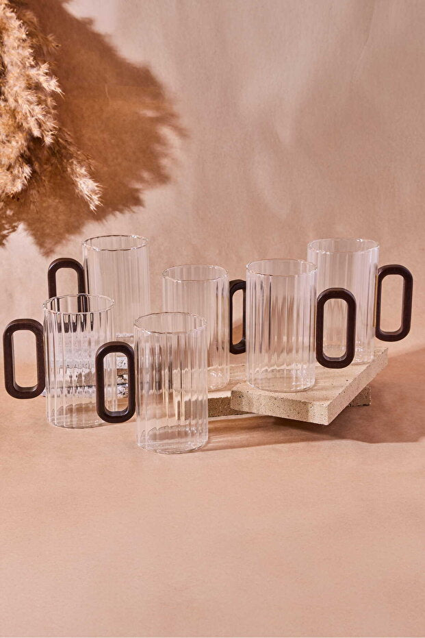 Stylish 350ml Ribbed Glass Mugs with Acacia Handles - Set of 6