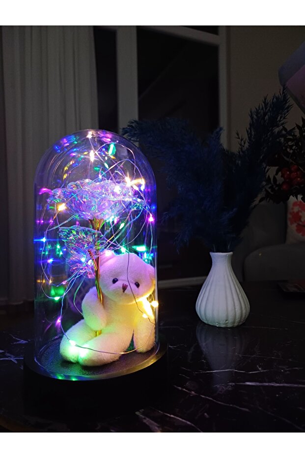 Enchanted LED Galaxy Rose & Teddy Bear Glass Dome Gift