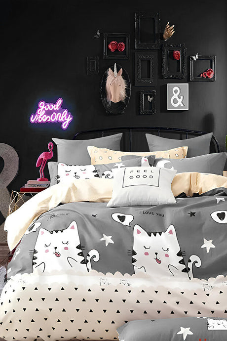 Cute Cat Double Duvet Cover Set - Grey, 200x220cm