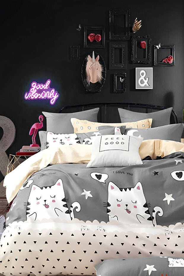 Cute Cat Double Duvet Cover Set - Grey, 200x220cm