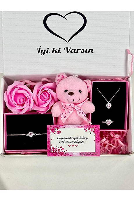 Non-Tarnishing Steel Pink Heart Jewelry Gift Set with Teddy Bear & Scented Roses