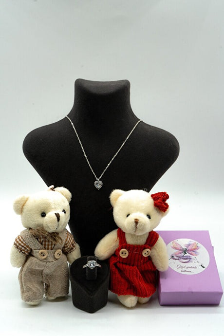 Silver-Plated Zircon Heart Necklace & Ring Set with Couple Teddy Bears