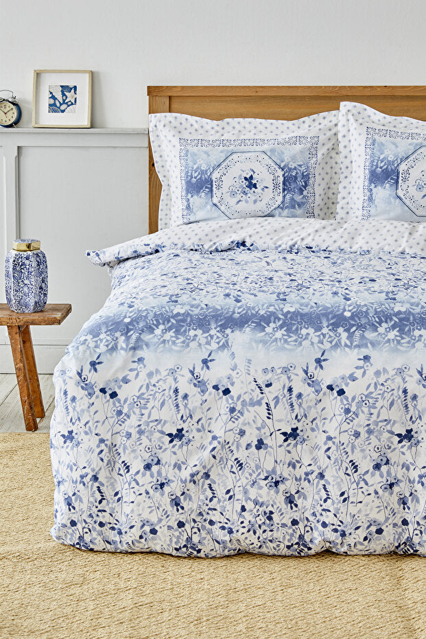 Amelia Blue Single 100% Cotton Fitted Duvet Cover Set