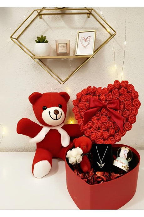 Red Heart Gift Box Set with Plush Bear, Necklace & Snow Globe