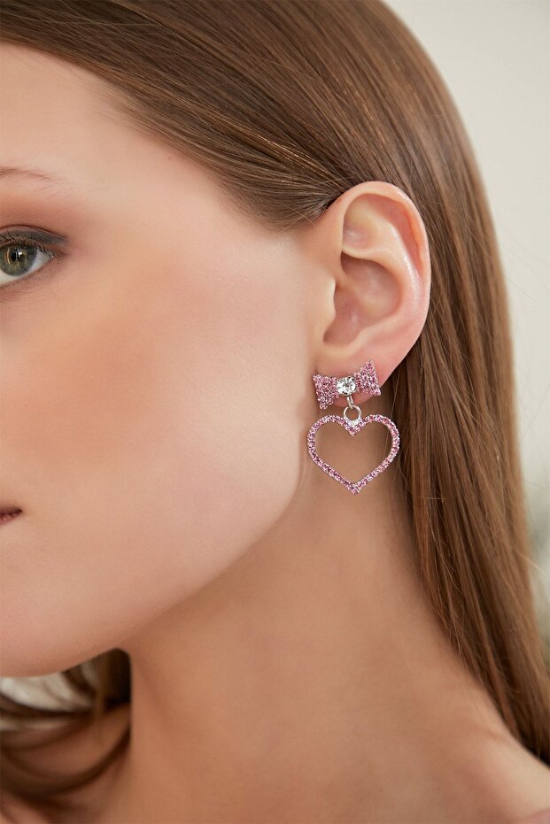 Pink Bow Heart Crystal Zircon Stone Earrings