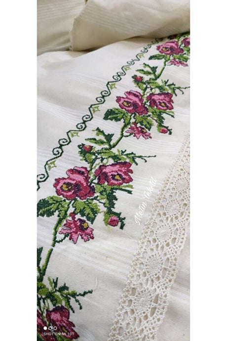 100% Cotton Kanaviçe Embroidered Duvet Cover Set - 1 Set