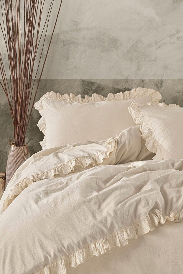 100% Cotton Ruffled Washed Double Duvet Cover Set 200x220cm