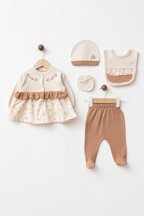 Floral Embroidered 100% Cotton Newborn Baby 5-Piece Hospital Set