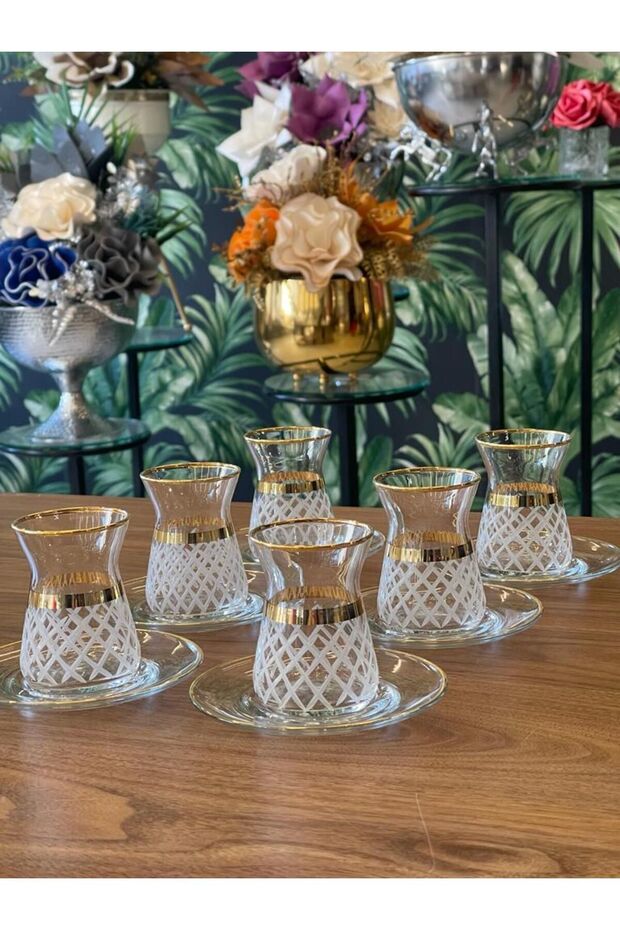 Pasabahce Premium Cut & Gilded 6-Person Modern Tea Set - Gift & Retail Ready