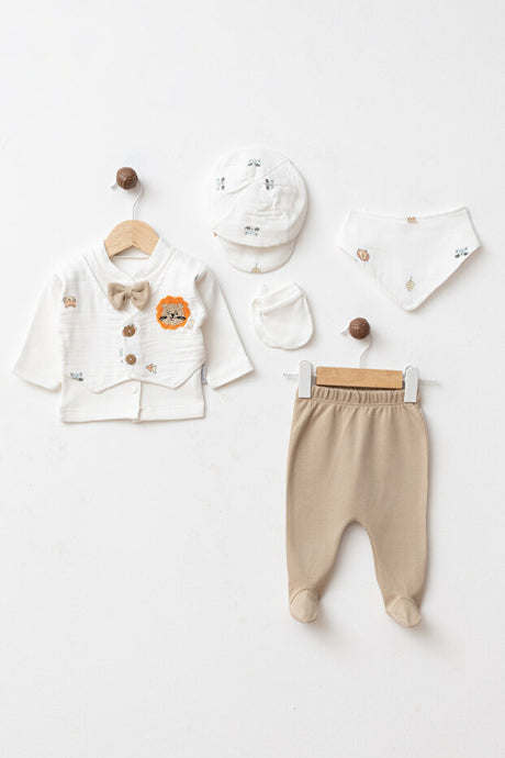 Newborn 5-Piece Muslin Hospital Exit Set - Lion Embroidery 100% Cotton