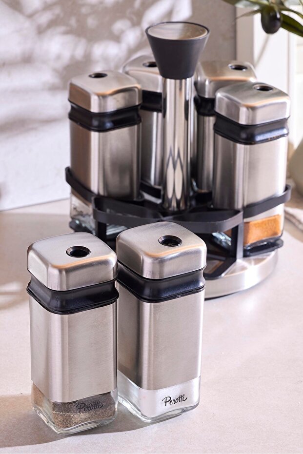 6-Piece Rotating Spice Rack Set - Stainless Steel & Glass Jars
