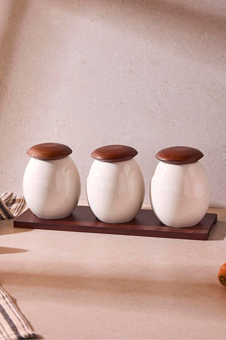 3-Piece Porcelain Spice Jar Set with Wooden Lids & Display Tray
