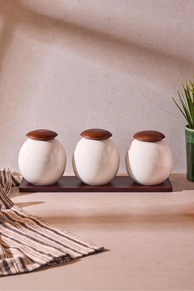 3-Piece Porcelain Spice Jar Set with Wooden Lids