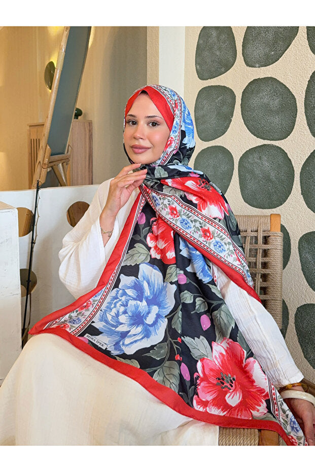 Patterned Cotton Shawl - Red & Blue Floral