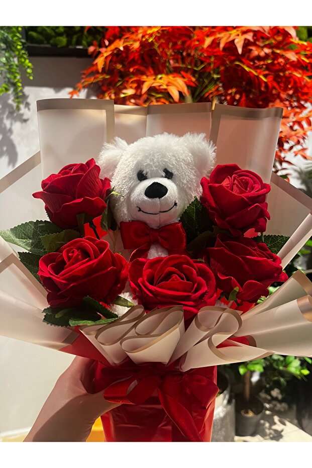 Romantic Red Rose & Teddy Bear Bouquet - Valentine's Day Gift