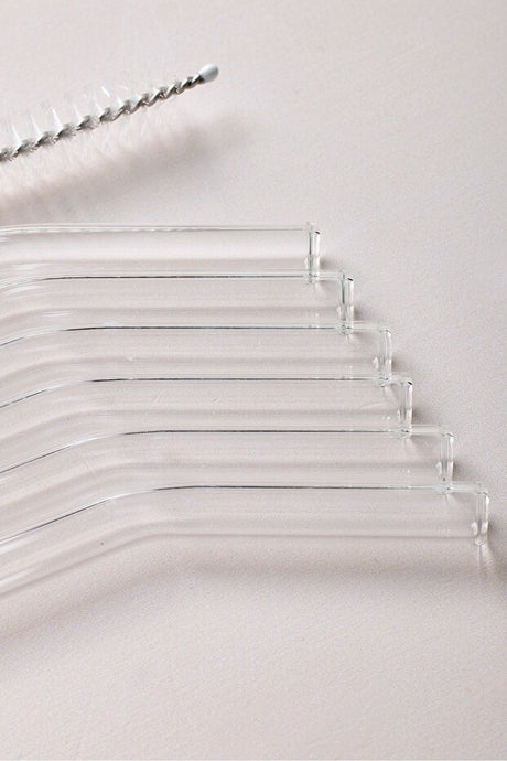 6-Pack Reusable Bent Glass Straws with Cleaning Brush