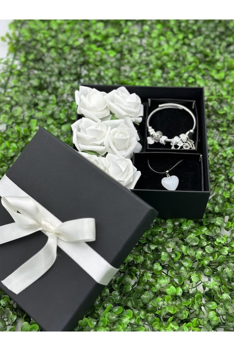 Elegant Gift Set with Heart Necklace, Charm Bracelet & White Roses