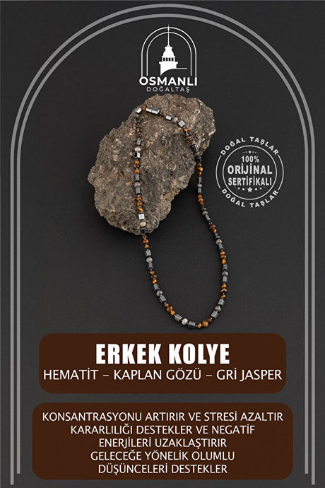 Men's Natural Stone Necklace - Tiger's Eye, Grey Jasper, Hematite - Gift Boxed