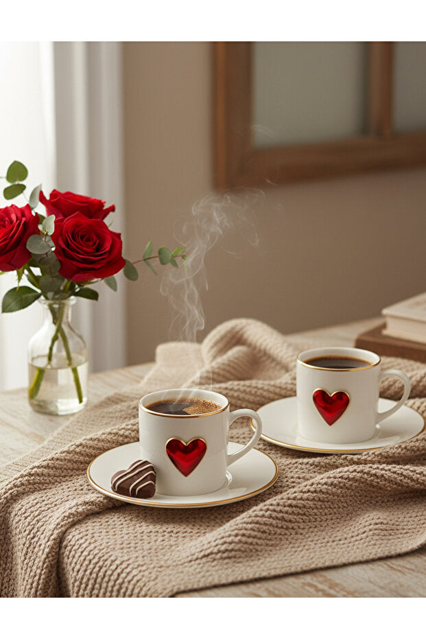 Gilded Porcelain Coffee Cup Set with Heart Design - 4 Pieces
