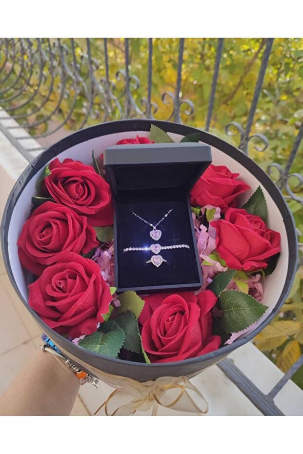 Red Rose & Heart Jewelry Gift Set with Teddy Bear & Chocolate