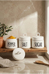 Porcelain Round Ergonomic Spice Canister Set - Pepper, Salt, Sugar (3-Piece)