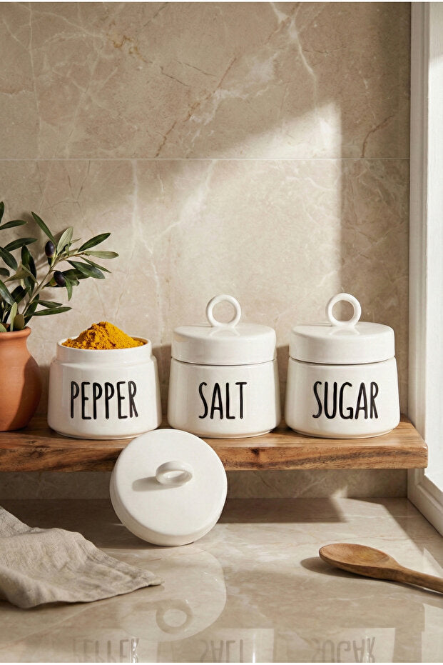 Porcelain Round Ergonomic Spice Canister Set - Pepper, Salt, Sugar (3-Piece)