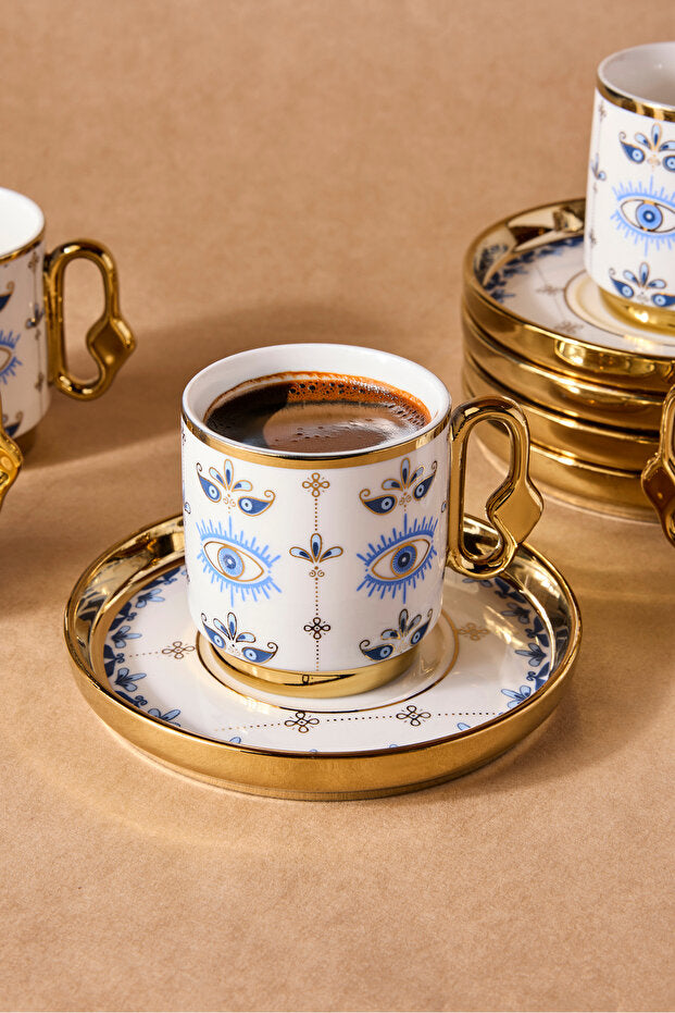 Porcelain Evil Eye Pattern Coffee Cup Set - 6 Person