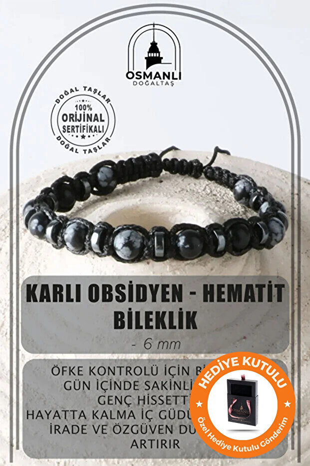 Snowflake Obsidian Hematite Beaded Men's Bracelet 6mm