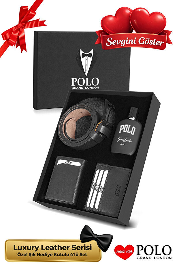 Men's Luxury 4-Piece Leather Wallet, Perfume & Belt Gift Set
