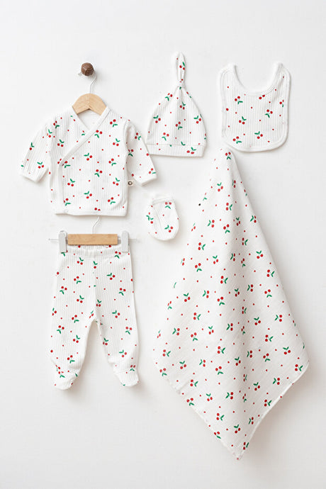Newborn Cherry Print 100% Cotton 6-Piece Hospital Exit Set with Muslin Blanket