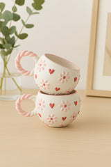 Handmade Ceramic Mug Set - Pink Daisy & Heart Design (2-Piece)