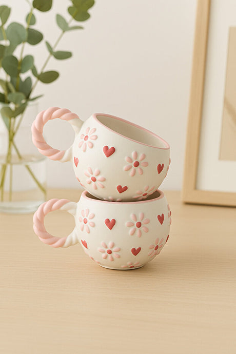 Handmade Ceramic Mug Set - Pink Daisy & Heart Design (2-Piece)