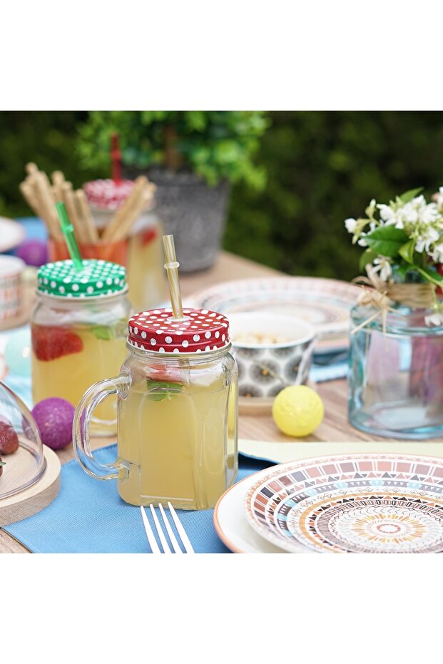 Pasabahce Premium Red Handled Drinking Glass with Straw - 450ml