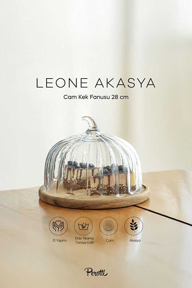 28cm Glass Cake Dome with Acacia Wood Base - Pumpkin Design