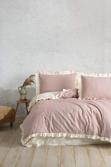 100% Cotton Ruffled Striped Double Duvet Cover Set - 4-Piece, 200x220 cm