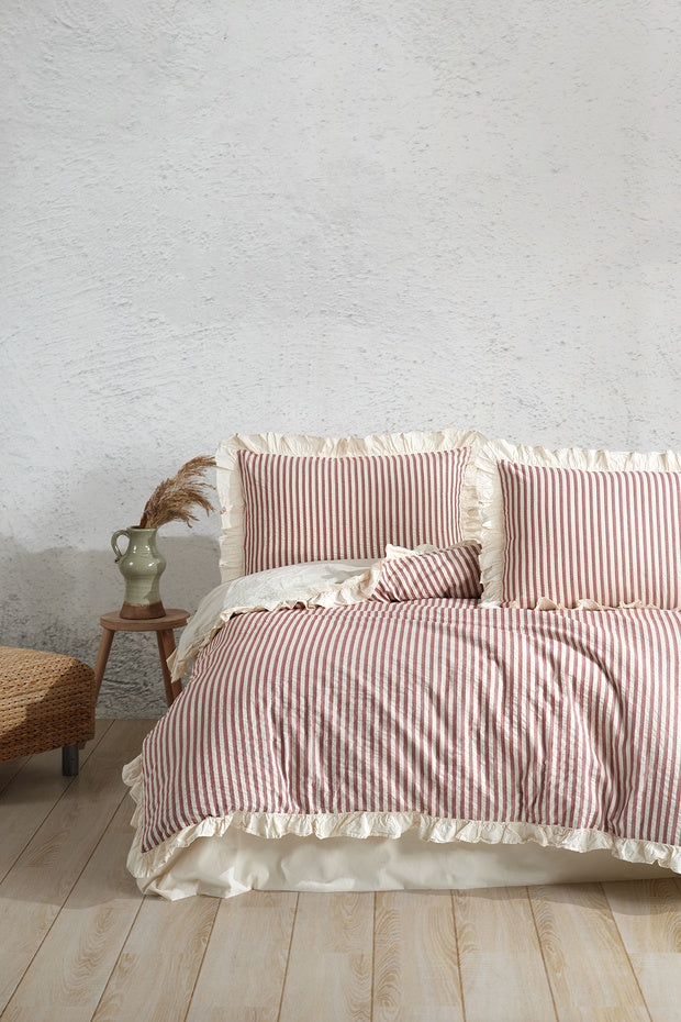 100% Cotton Ruffled Striped Double Duvet Cover Set - 4-Piece, 200x220 cm