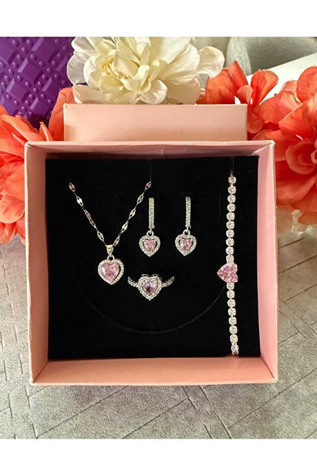 Steel Heart Jewelry Set - Necklace, Earrings, Ring & Bracelet