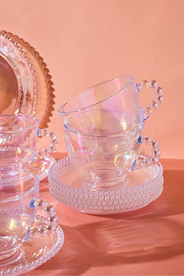 Iridescent Beaded Glass Tea Cup & Dessert Plate Set - 18 Pieces