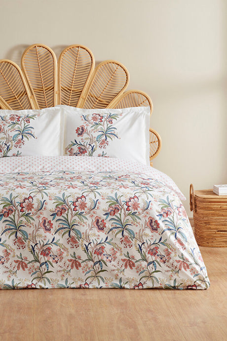 Indra 100% Cotton Double Duvet Cover Set - Floral Salmon