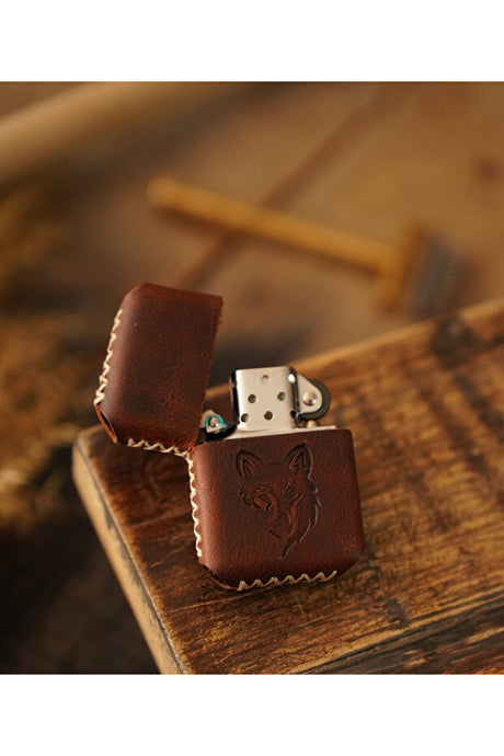 Handmade Genuine Leather Cased Zippo-Style Lighter with Wolf Design