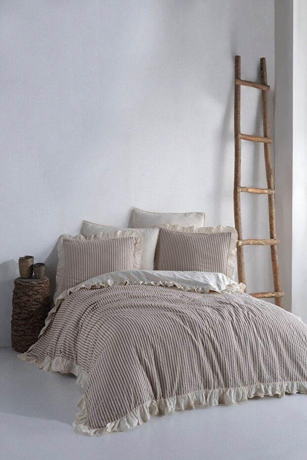 100% Cotton Ruffled Striped Duvet Cover Set - 4-Piece