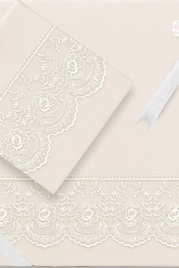 French Lace 100% Cotton Duvet Cover Set - Cream